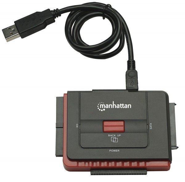 Manhattan USB-A to SATA/IDE Adapter Cable, 3-in-1 with One-Touch Backup, Male to Male, 1.5m, 480 Mbps (USB 2.0), Hi-Speed USB, Black, Three Year Warranty, Blister - Speicher-Controller - 2.5", 3.5", 5.25" (6.4 cm, 8.9 cm, 13.3 cm) - ATA-100 / SATA 1.5Gb/s - USB 2.0