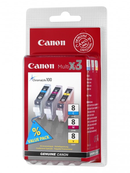 Canon CLI-8 Multipack - 3er-Pack - Gelb, Cyan, Magenta - Original - Tintenbehälter - für PIXMA iP6600D, iP6700D, Pro9000, Pro9000 Mark II