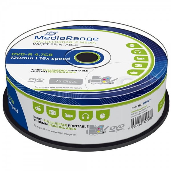 MediaRange Inkjet Fullsurface-Printable - 25 x DVD-R - 4.7 GB 16x - mit Tintenstrahldrucker bedruckbare Oberfläche - Spindel