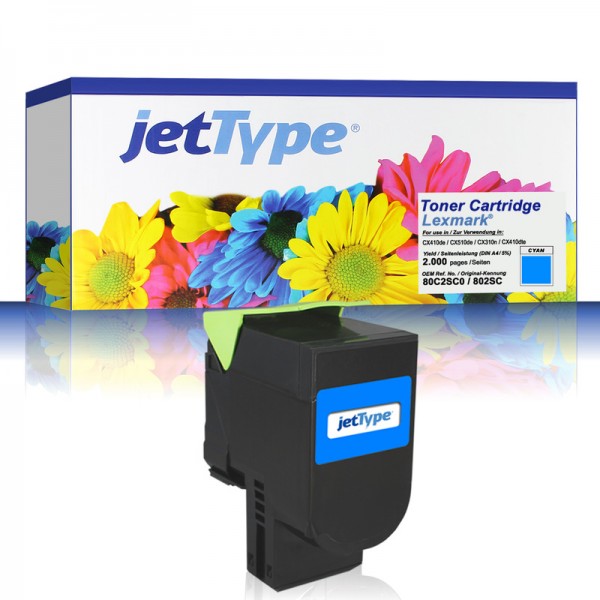 jetType Toner kompatibel zu Lexmark 80C2SC0 802SC Cyan 2.000 Seiten 1 Stück
